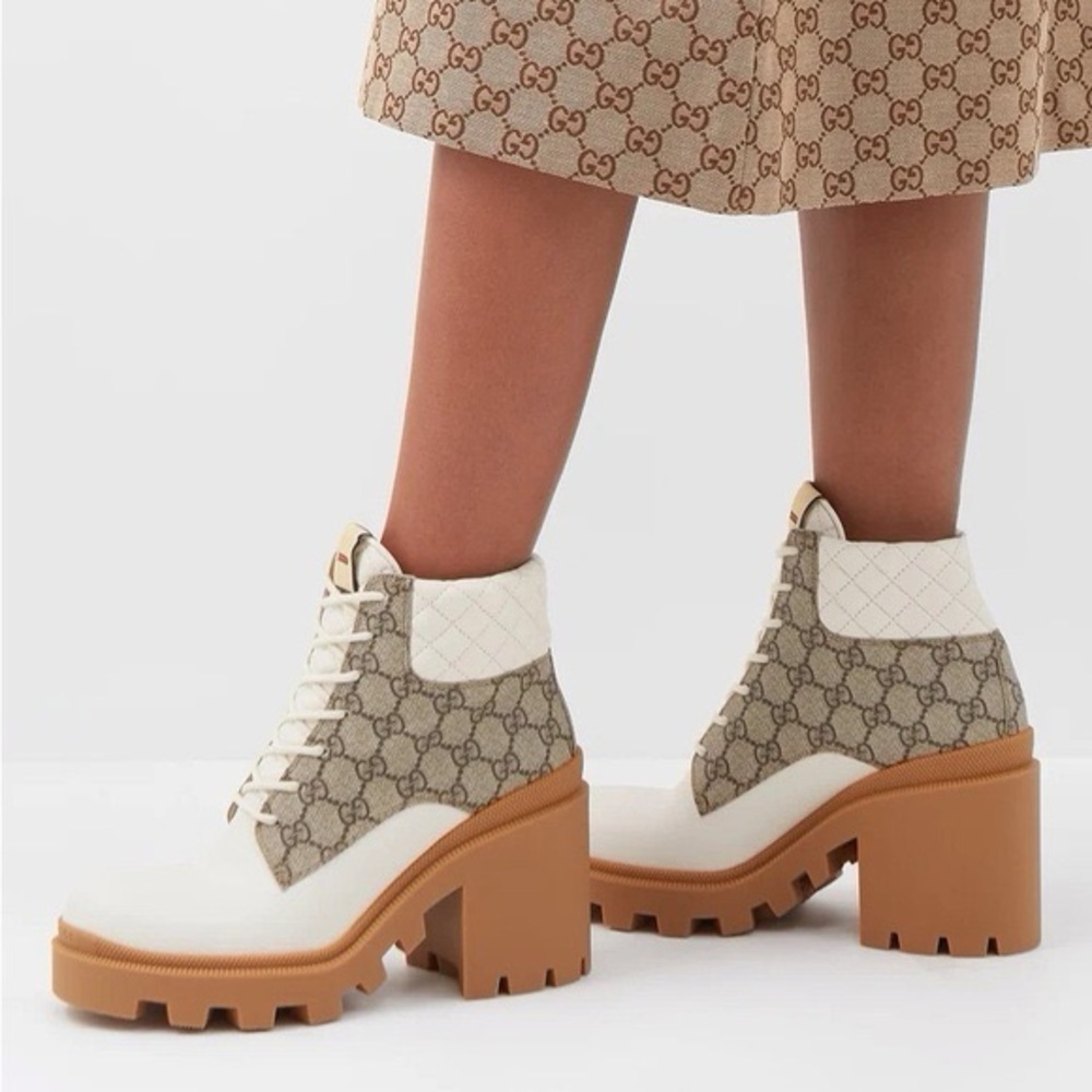 Gucci GG Canvas Quilted Leather Platform Boots – Ivory/Tan - Picture 2 of 16